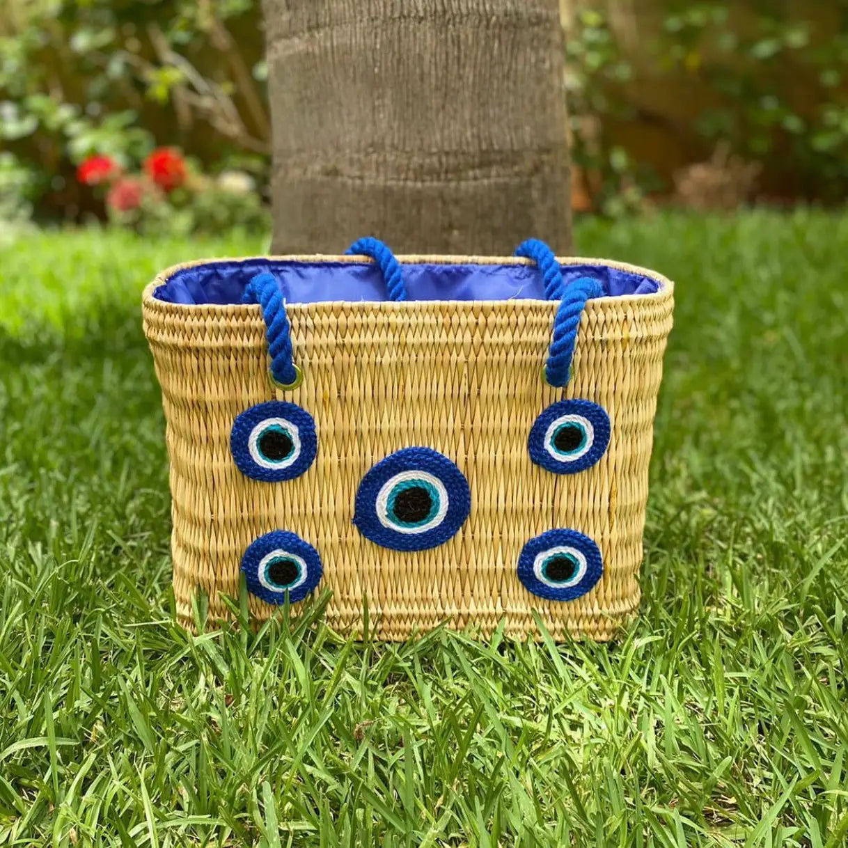 Multi Evil Eye Straw Tote Bag with Rope Handles and Drawstring Lining