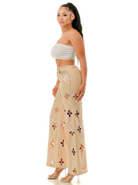 Beige Wide Leg Jeans with Pearl-Embellished Cutout Floral Detailing