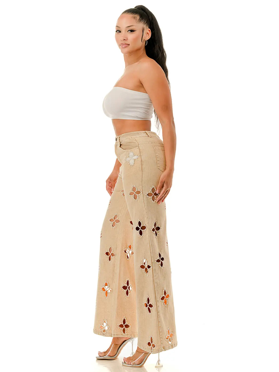 Beige Wide Leg Jeans with Pearl-Embellished Cutout Floral Detailing