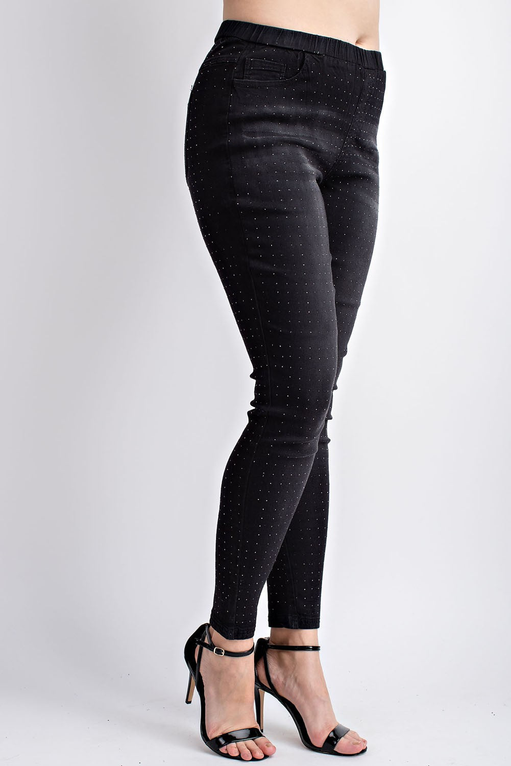 PLUS WASHED DENIM LEGGINGS WITH ALL OVER STONES