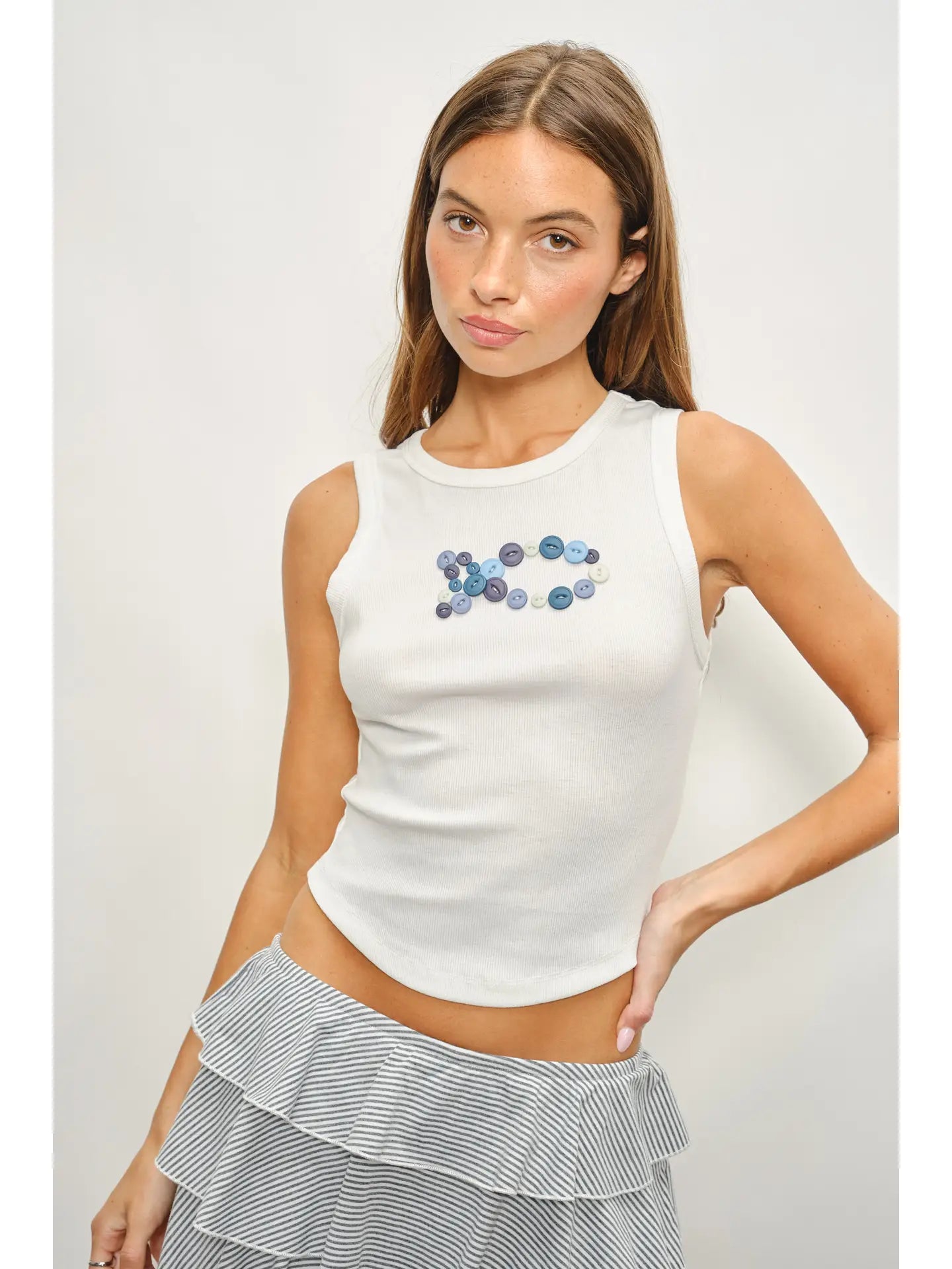 White Ribbed Sleeveless Tank with Blue Button Embellishment
