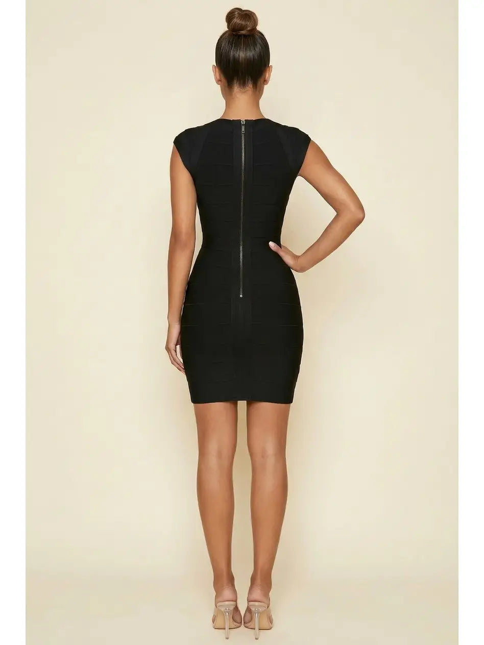Deep V Neck Cap Sleeve Bodycon Mini Dress