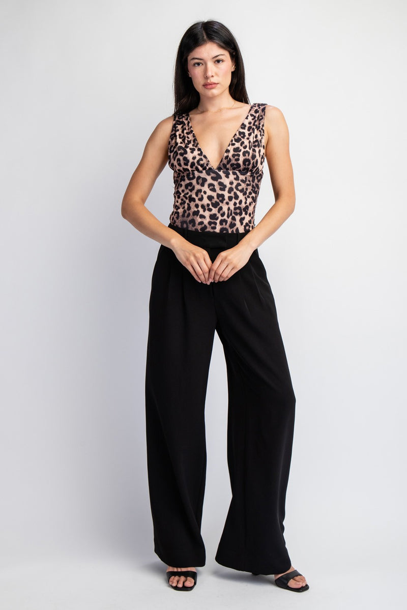 LEOPARD PRINTED KNIT ASYMMETRICAL RUCHED BODYSUIT