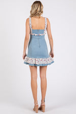 STRETCH DENIM W/ LACE RUFFLE MINI DRESS