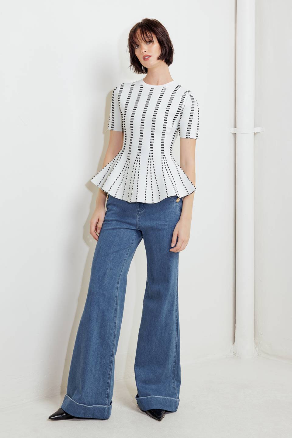 Monochrome Optical Illusion Peplum Knit Top