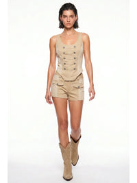 Ribbed Contrast Napoleon Button Sleeveless Tank Top and Shorts Set