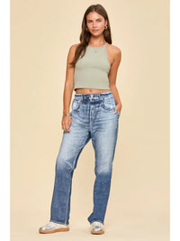 High Rise Elastic Waist Straight Leg Jeans in Vintage Ombre Wash