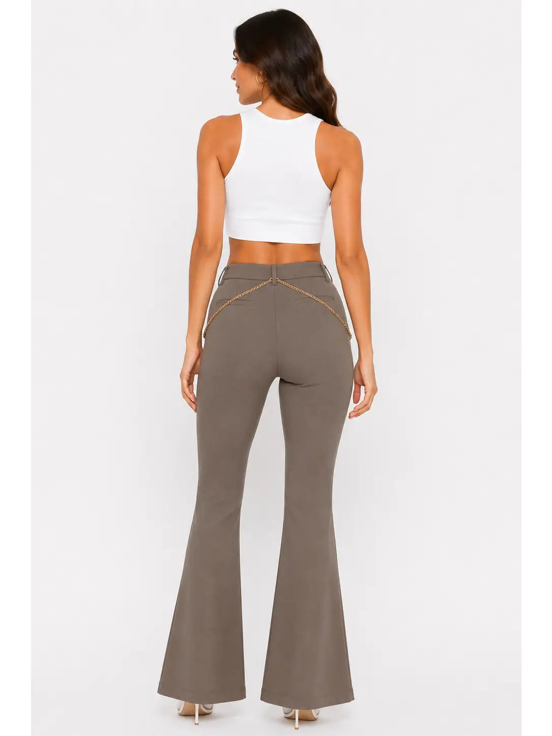 High Waist Nude Flare Pants with Gold Chain Detail