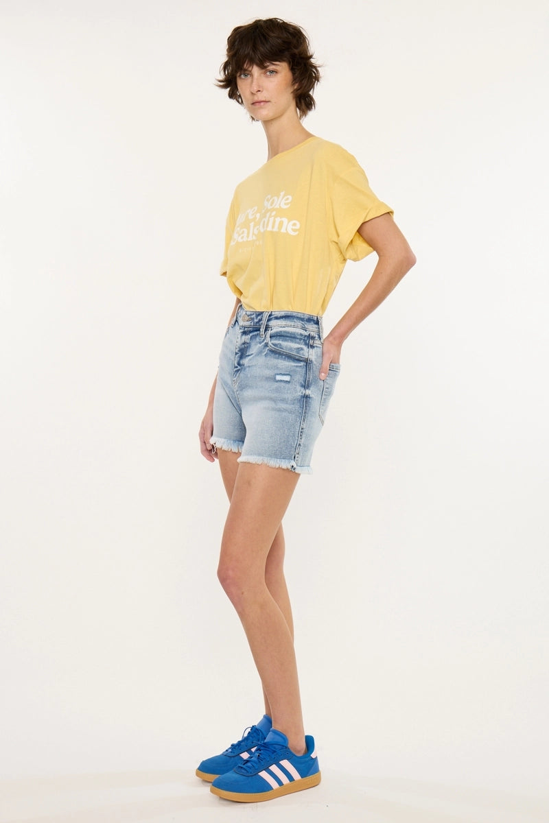 High Rise Distressed Denim Shorts with Frayed Hem