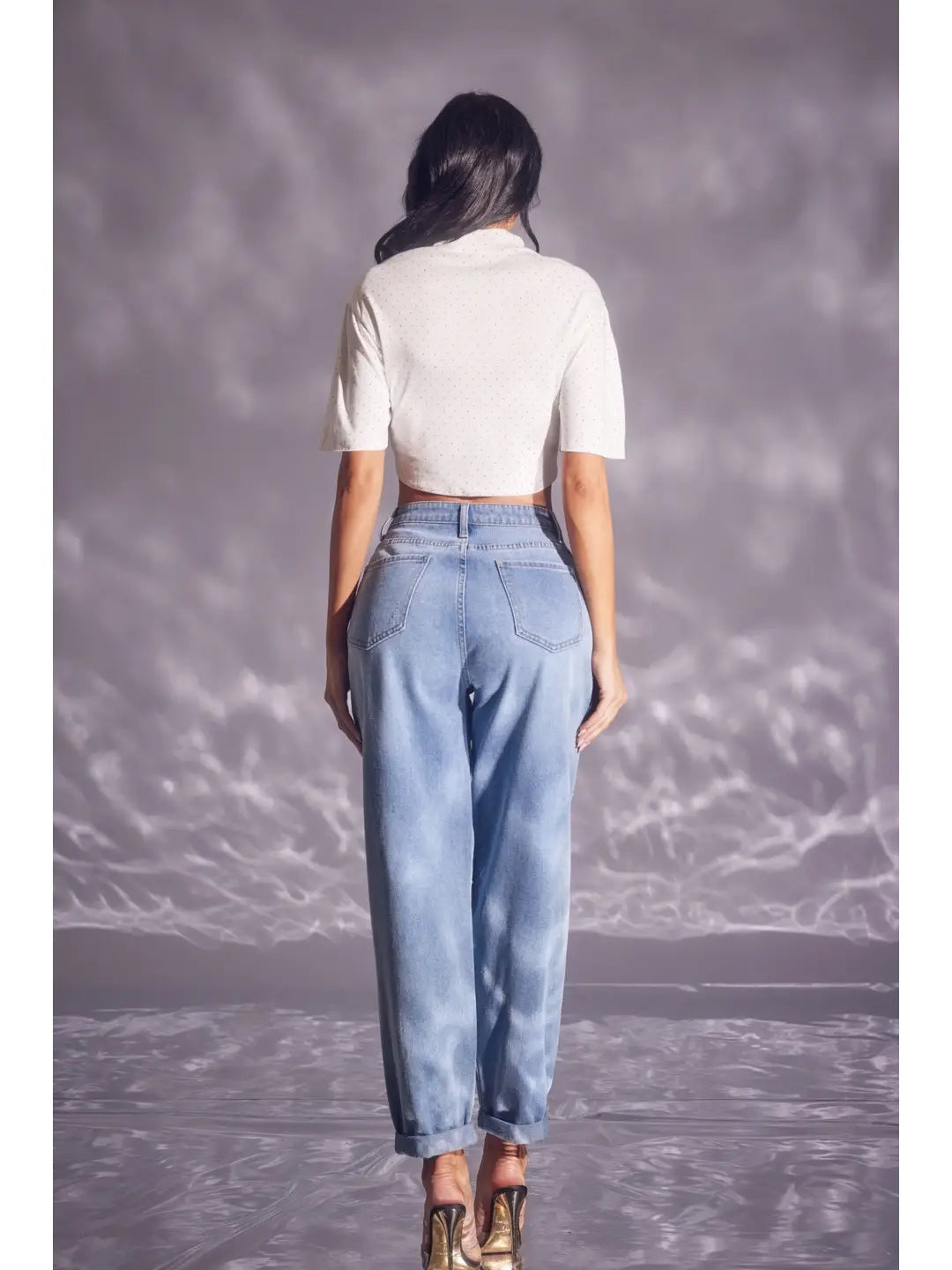 High Rise Distressed Boyfriend Jeans with Rhinestone Detail