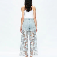 Light Wash Wide Leg Jeans with Sheer Floral Lace Panels