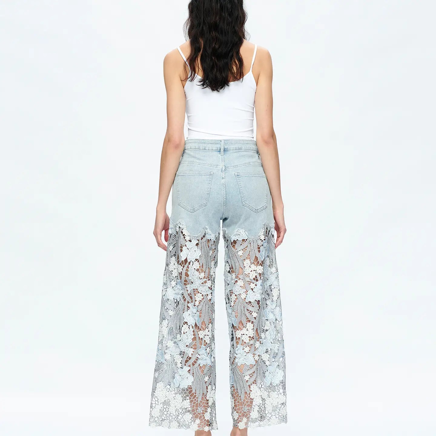 Light Wash Wide Leg Jeans with Sheer Floral Lace Panels