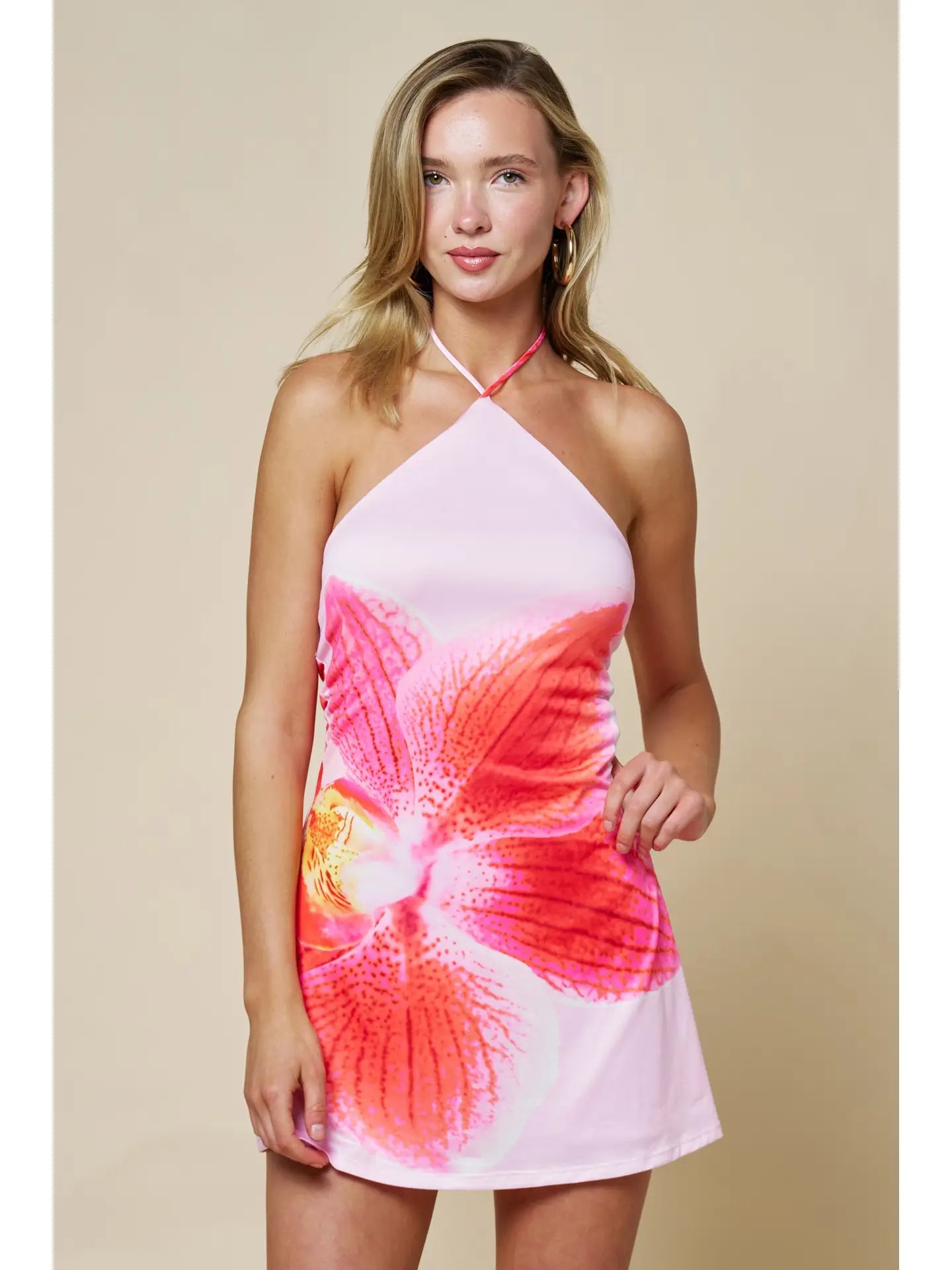 Halter Neck Mini Dress with Bold Floral Print and Open Back