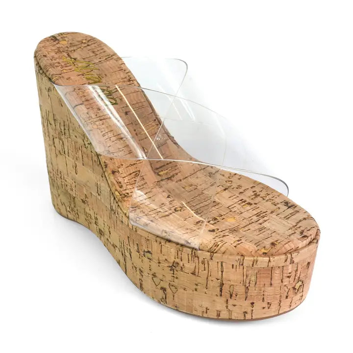 Mio Clear Strap Cork Platform Wedge Slide Sandals