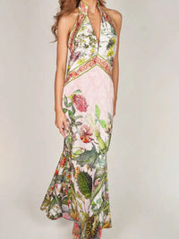 Botanical Print Halter Neck Maxi Dress