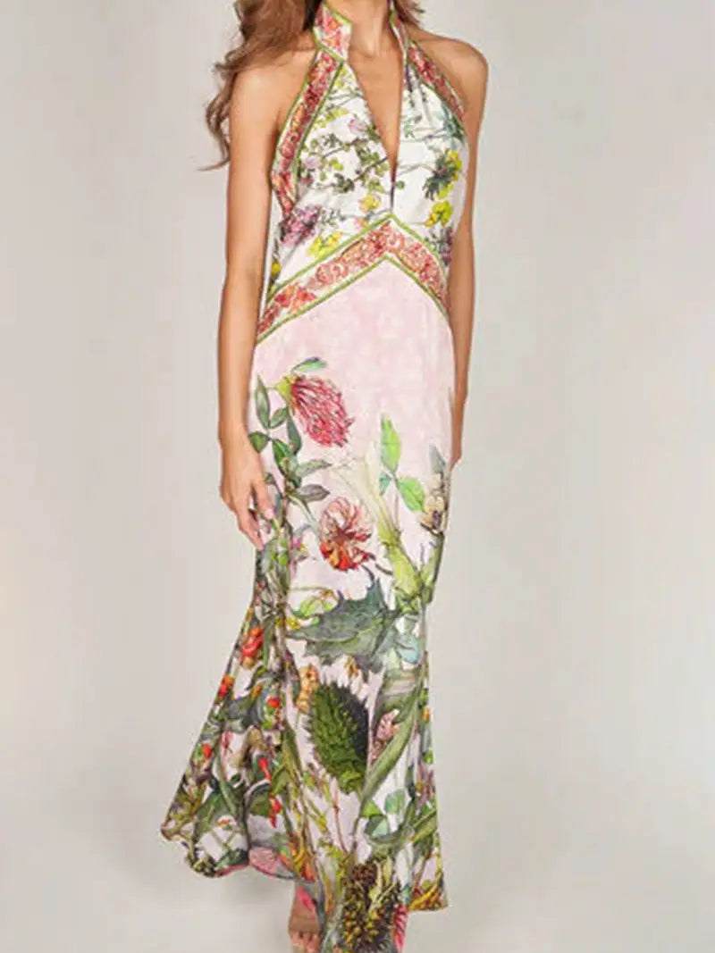 Botanical Print Halter Neck Maxi Dress
