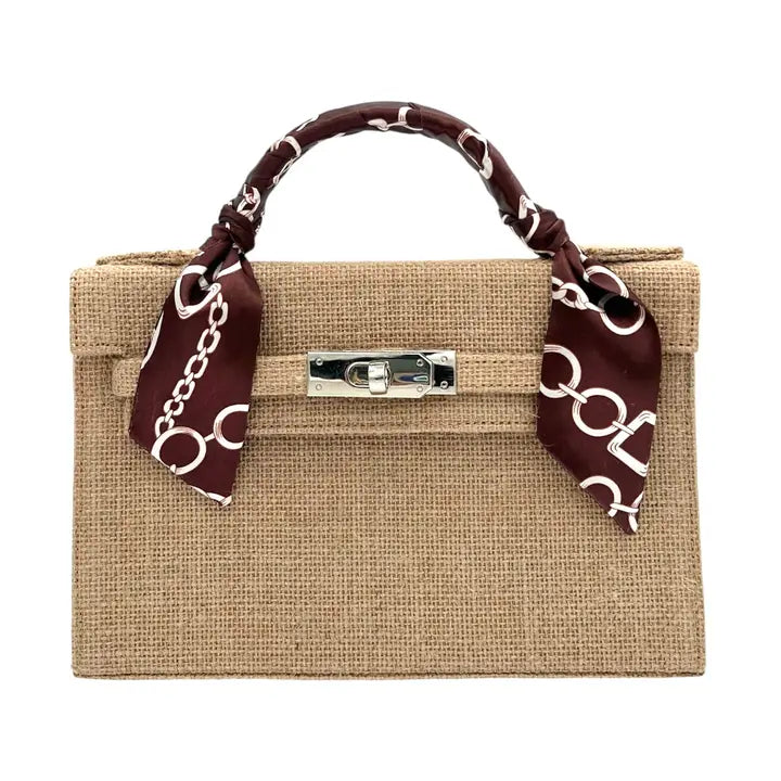 Woven Straw Tote micro Bag with brown Stripe and Scarf Wrapped Handle