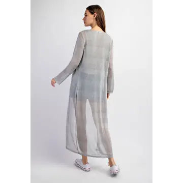 Silver Sheer Knit Longline Open Front Cardigan