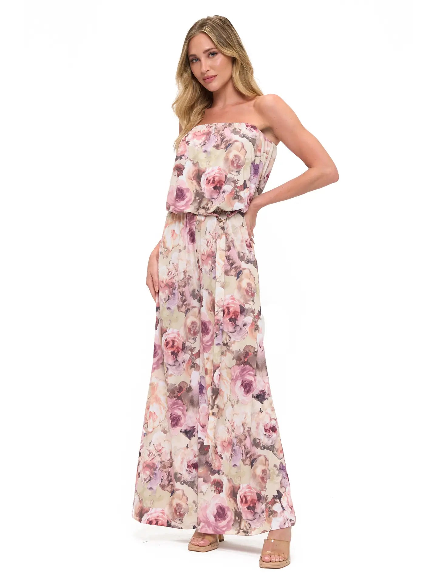 Blush Pink Watercolor Floral Strapless Jumpsuit