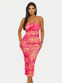Floral Mesh Ruched Bodycon Midi Dress