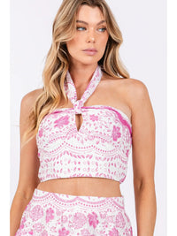 Pink Floral Halter Crop Top and Tiered Mini Skirt Set