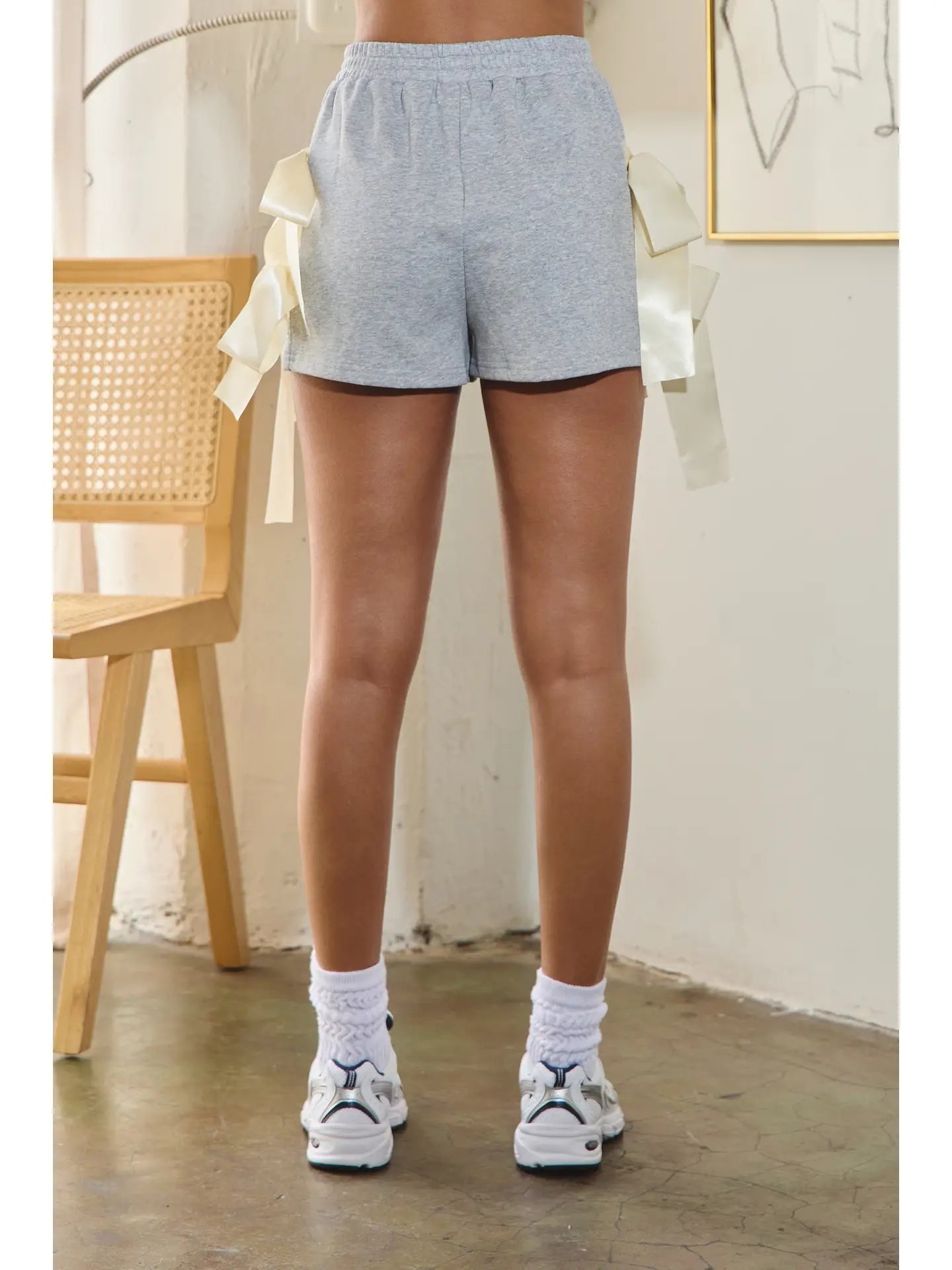 Heather Gray Lounge Shorts with Oversized Satin Side Bows