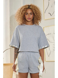Heather Gray Cropped Lounge Top with Satin Sleeve Trim