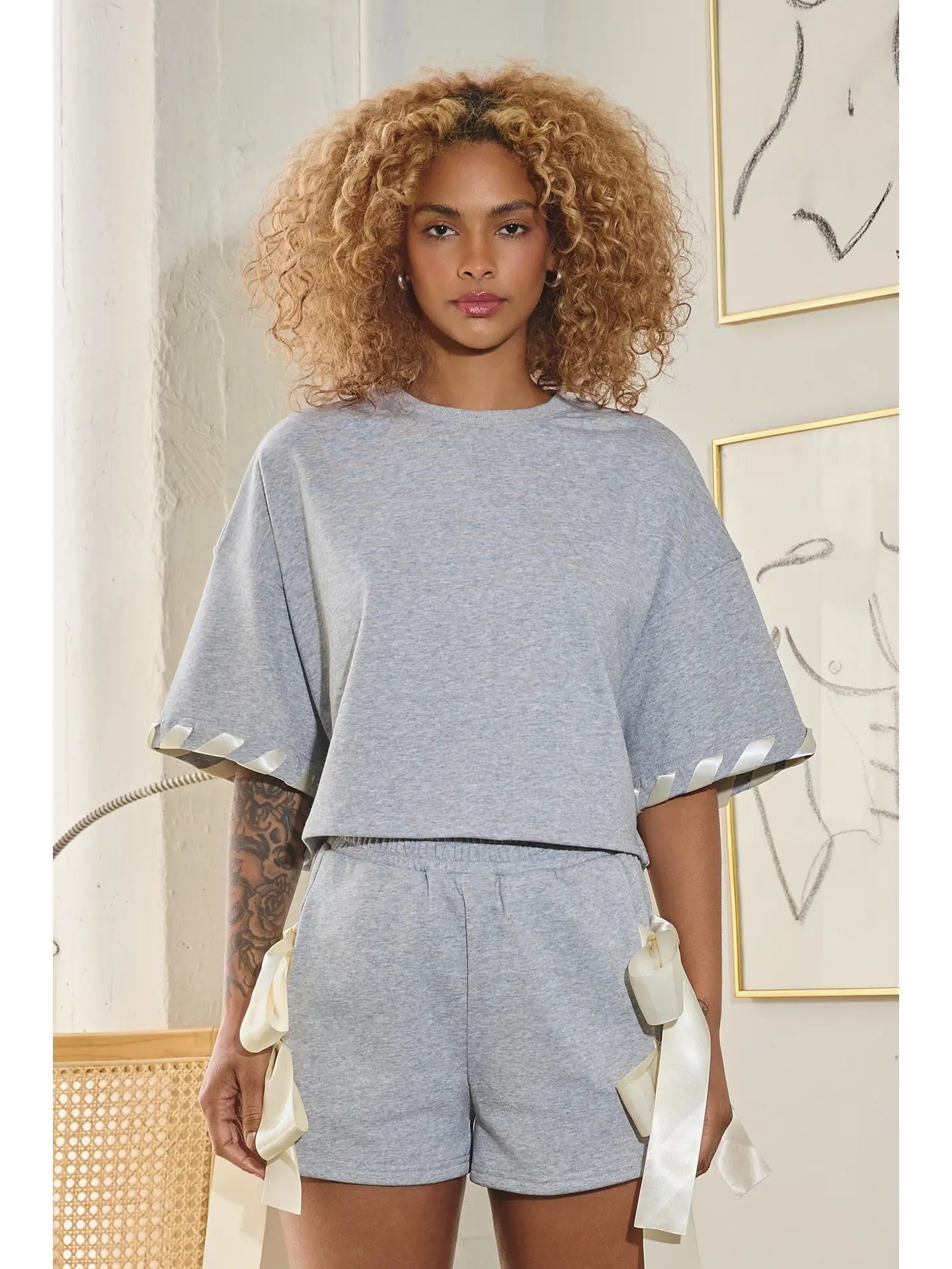Heather Gray Cropped Lounge Top with Satin Sleeve Trim