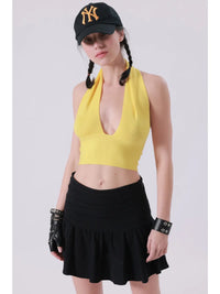 Yellow Ribbed Halter Neck Crop Top with Deep V Neckline