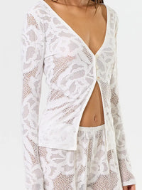 Sheer Lace Button-Up Long Sleeve Top with Floral Pattern