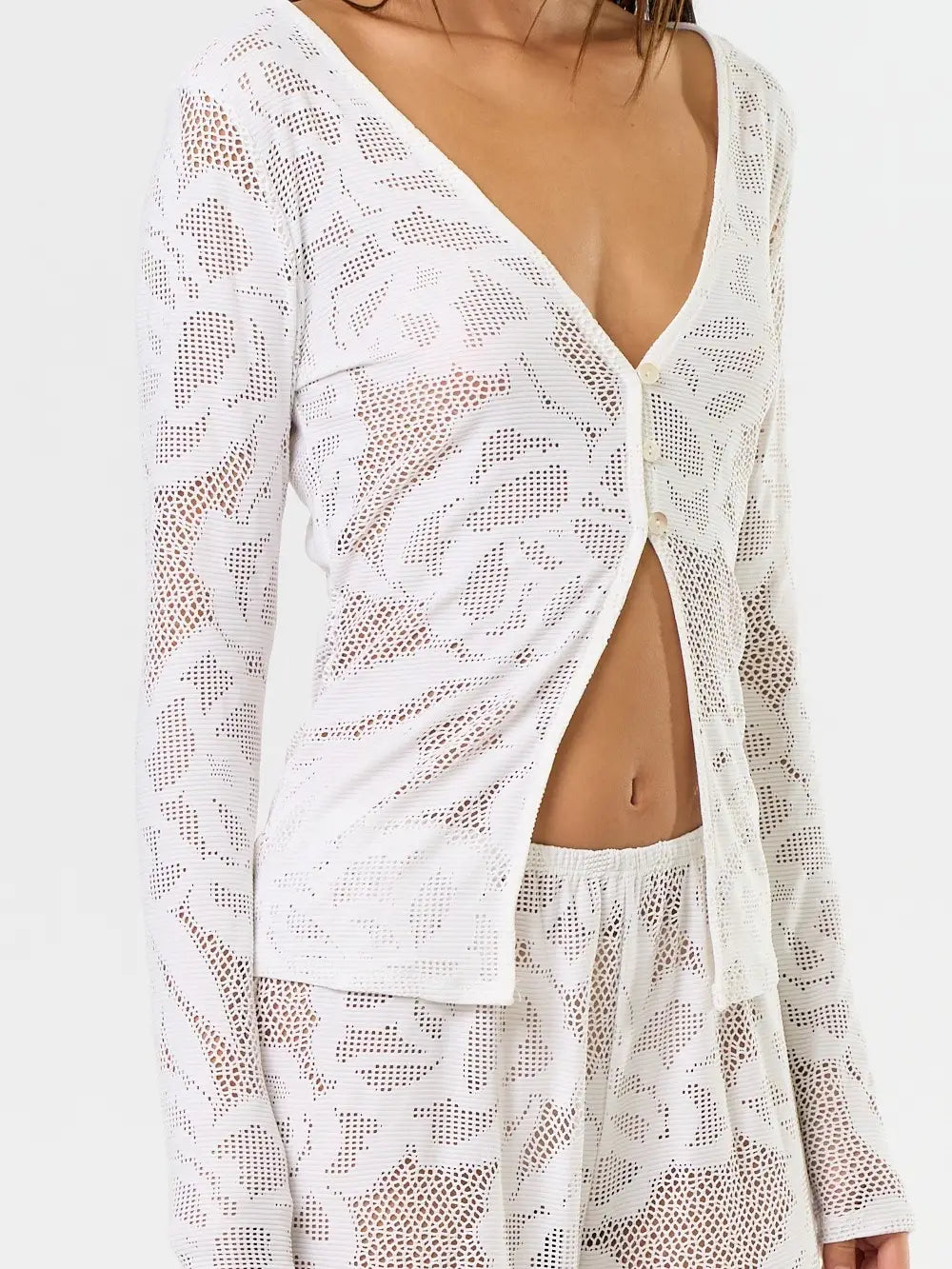 Sheer Lace Button-Up Long Sleeve Top with Floral Pattern