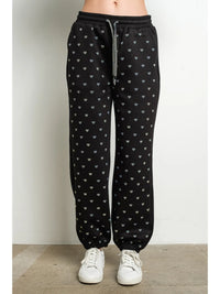 Rhinestone Heart Print Black Jogger Sweatpants