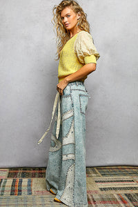 Boho Patchwork Lace Wide Leg Denim Pants
