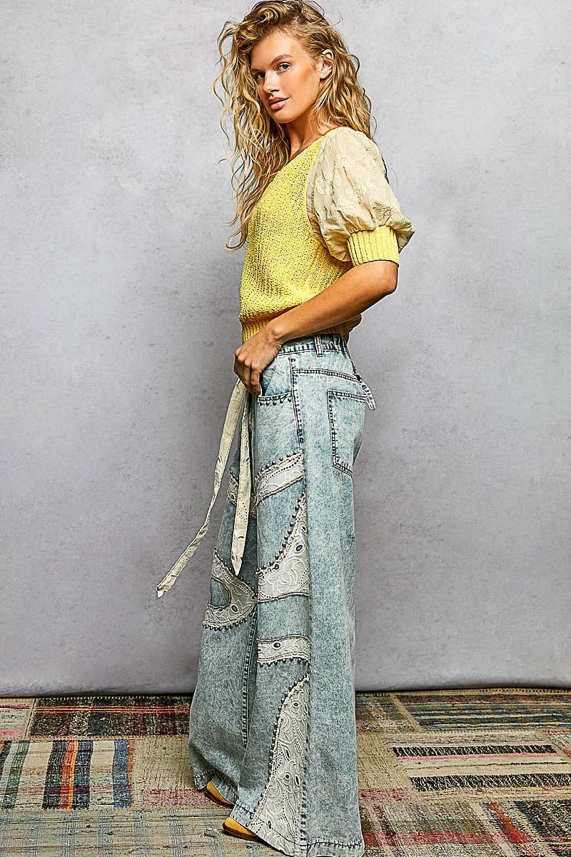 Boho Patchwork Lace Wide Leg Denim Pants