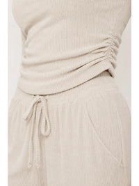 White Ribbed Knit Lounge Set with Ruched Crop Top and Wide Leg Pants