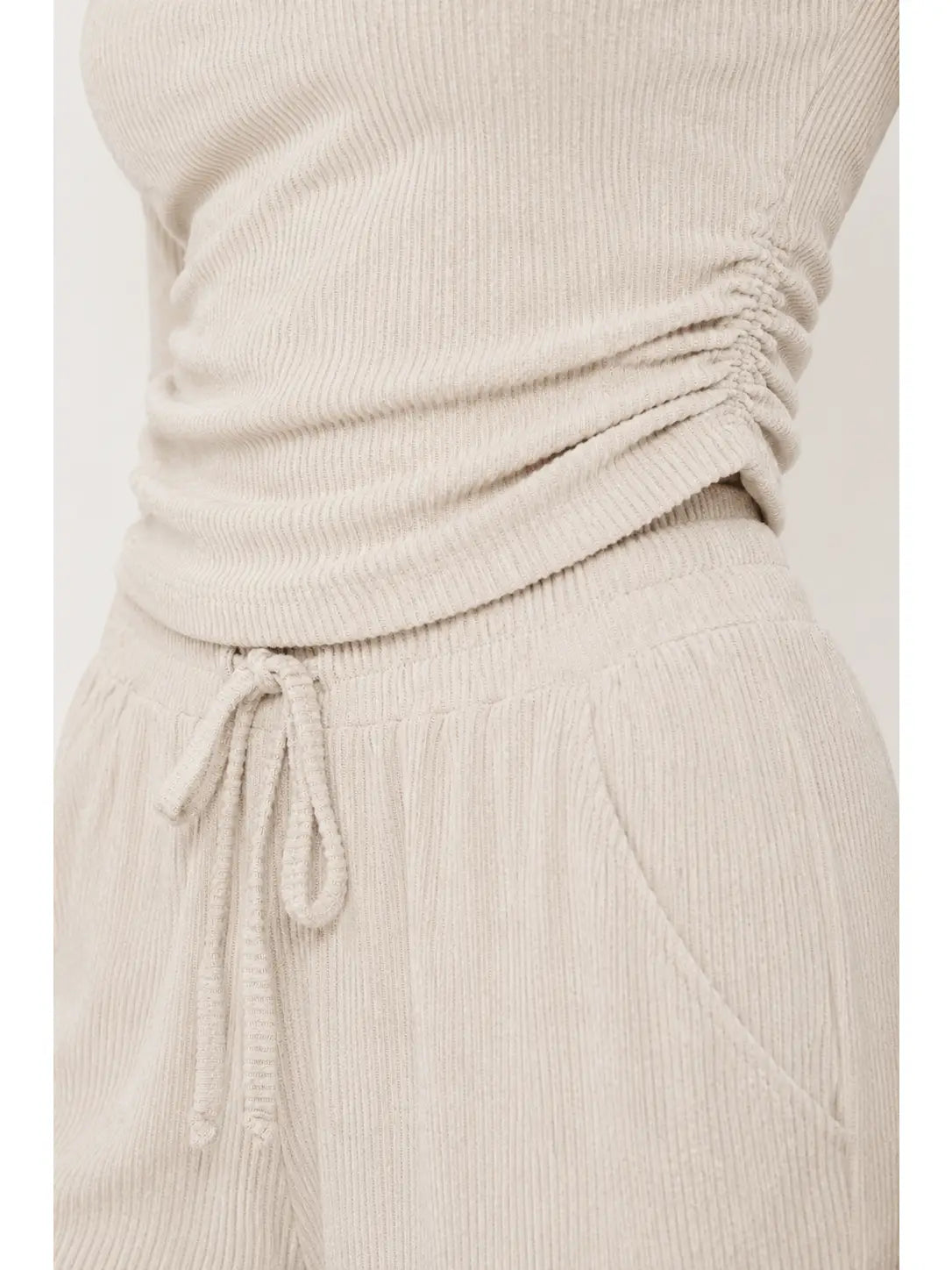 White Ribbed Knit Lounge Set with Ruched Crop Top and Wide Leg Pants