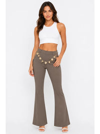 High Waist Nude Flare Pants with Gold Chain Detail