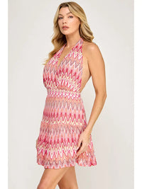 Pink Chevron Halter Neck Flowy Mini Dress