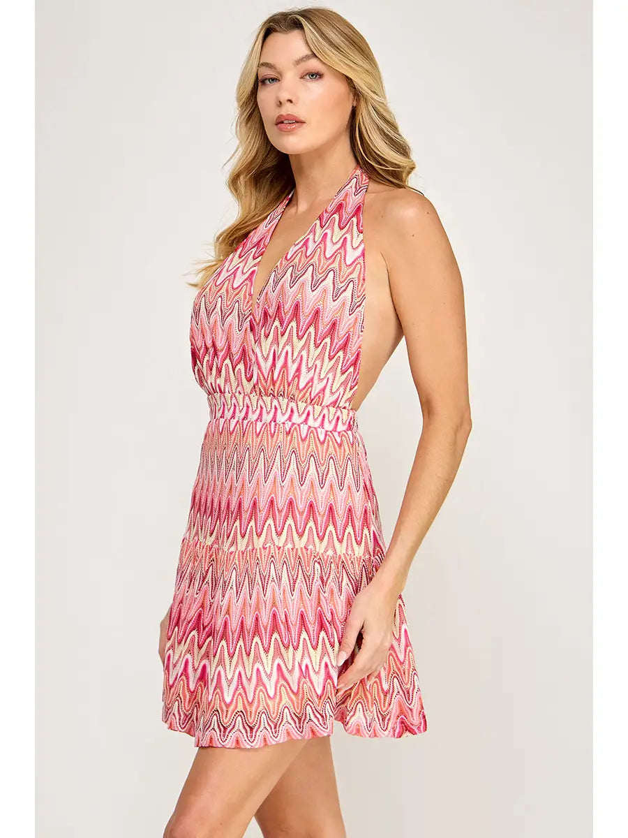 Pink Chevron Halter Neck Flowy Mini Dress