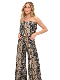 Beige Animal Print Strapless Wide Leg Jumpsuit with Belt