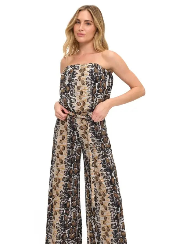 Beige Animal Print Strapless Wide Leg Jumpsuit with Belt