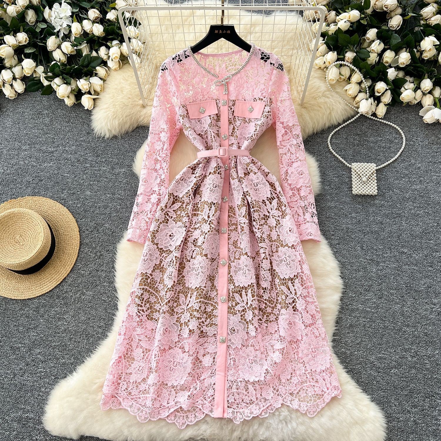 Pink Floral Lace Long Sleeve Midi Dress with Belt and Crystal Button D –  Amanda Jean NYC