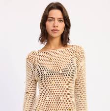 Sheer Crochet Knit Long Sleeve Fitted Cover Up Top
