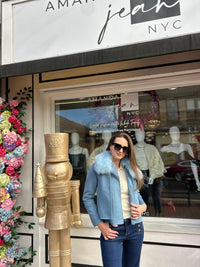 Sky Blue Cashmere Blend With Natural Fur Collar Jacket