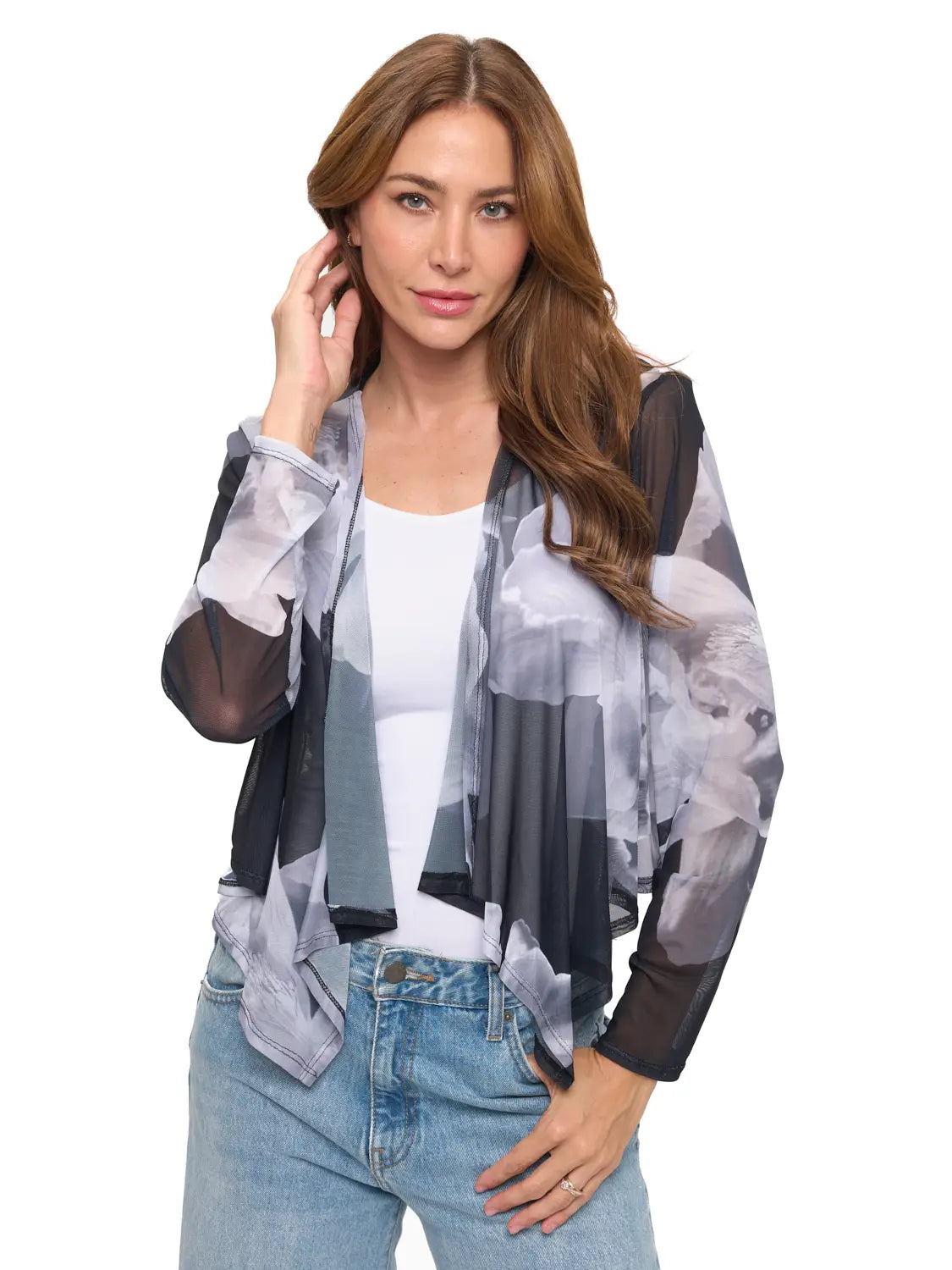 Black & White Floral Sheer Cropped Cardigan