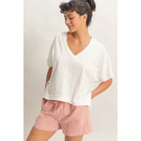 White Relaxed Fit Cropped V Neck Tee