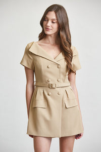 Belted Blazer-Inspired Mini Dress in Nude