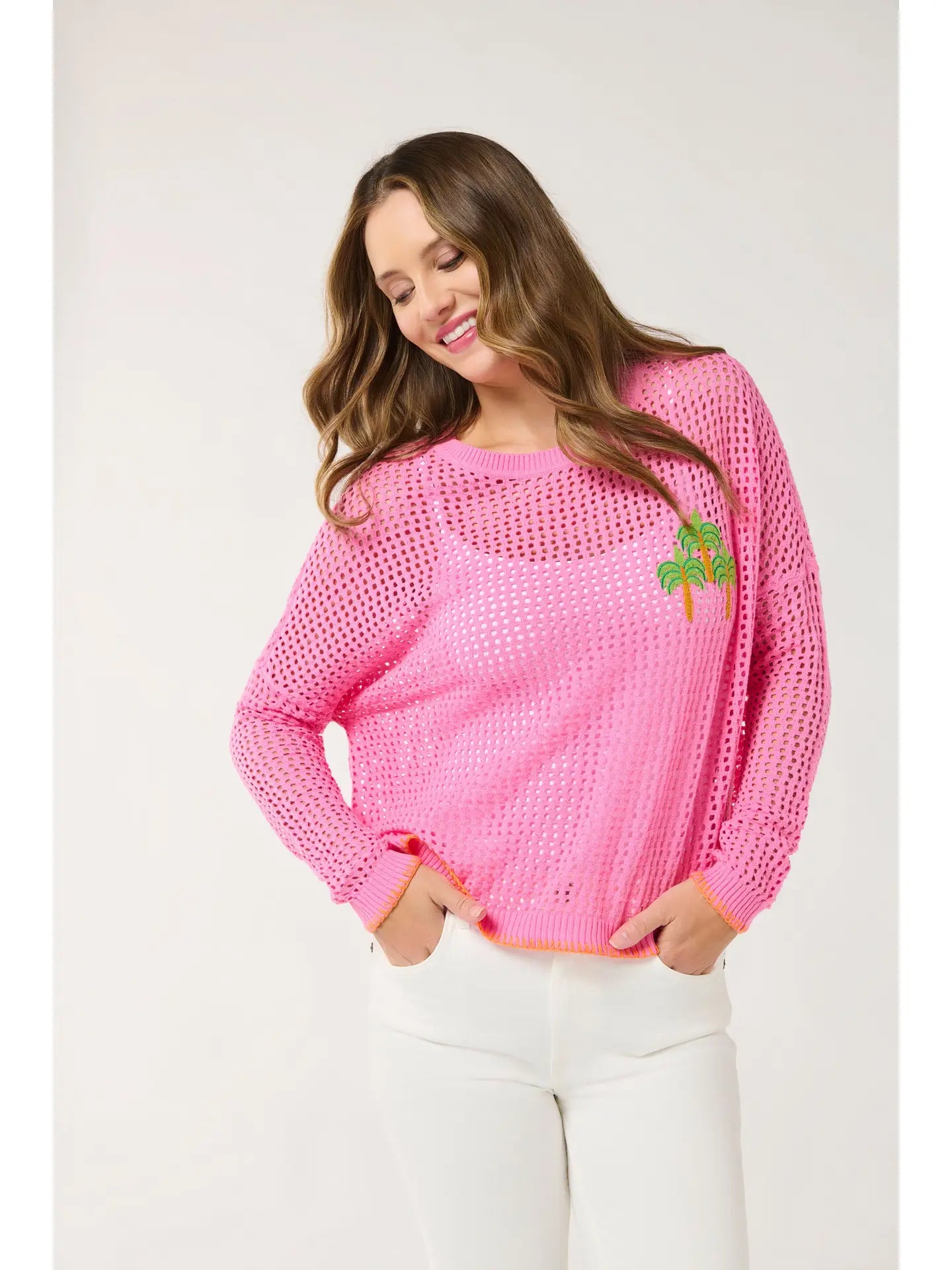 Pink Open Knit Palm Embroidered Lightweight Sweater
