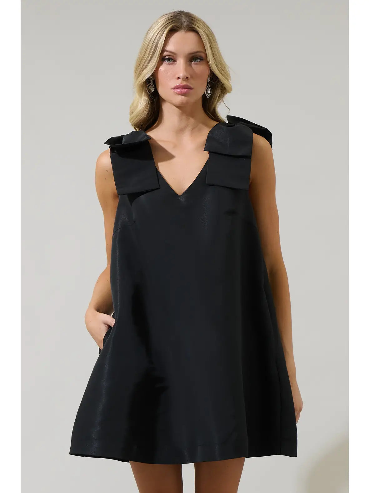 Black Bow Shoulder A-Line Mini Dress