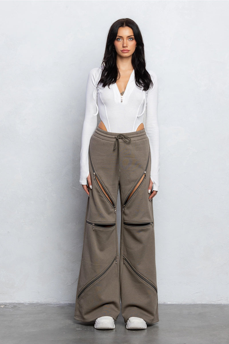 Ash Wide-Leg Sweatpants with Multi-Zipper Cutout Design